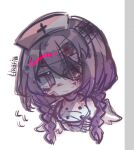  1girl angel angel_wings bandage_over_one_eye bandaged_arm bandages braid bruise crying crying_with_eyes_open eye_injury funamusea hat injury kayukiop light_purple_hair linaria_purpurea non-web_source nurse nurse_cap purple_eyes tears twin_braids wings 