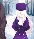  1girl absurdres arms_behind_back bangs blush buttons capelet closed_eyes commentary dress fate/stay_night fate_(series) hand_in_pocket hat highres illyasviel_von_einzbern long_hair long_sleeves open_mouth out_of_frame outdoors pocket purple_capelet purple_dress purple_headwear riya_(01214) scarf smile snow tree white_hair white_scarf 