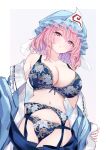  1girl :o blue_bra blue_garter_belt blue_hat blue_kimono blue_panties blue_ribbon blue_thighhighs blush border bra breasts cleavage commentary cowboy_shot embroidered_bra embroidered_garter_belt embroidered_panties grey_background hat highres huge_breasts japanese_clothes kimono kimono_pull lace-trimmed_headwear lace-trimmed_panties lace-trimmed_thighhighs lace_trim large_breasts lingerie looking_at_viewer mob_cap navel open_clothes open_kimono outside_border panties pink_eyes pink_hair ribbon ribbon-trimmed_bra ribbon_trim saigyouji_yuyuko sarasadou_dan short_hair simple_background solo stomach thighhighs thighs touhou triangular_headpiece underwear white_border 