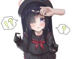 !? 1girl ? bangs beret black_gloves black_hair black_headwear black_shirt black_skirt blue_archive blunt_bangs blush disembodied_limb gloves hair_lift hair_over_one_eye hat highres justice_committee_club_member_(blue_archive) long_hair long_sleeves looking_at_viewer mosae neckerchief open_mouth purple_eyes red_neckerchief school_uniform shirt simple_background skirt solo_focus speech_bubble spoken_question_mark white_background 