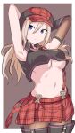  1girl alisa_ilinichina_amiella ame_mugitya armpits arms_behind_head black_boots blonde_hair blue_eyes boots border breasts brown_background brown_pantyhose cabbie_hat closed_mouth collared_shirt commentary cowboy_shot crop_top god_eater hair_between_eyes hat highres large_breasts long_hair navel outside_border pantyhose plaid_clothes plaid_hat plaid_skirt red_hat red_skirt shirt skirt sleeveless sleeveless_shirt solo standing stomach suspender_skirt suspenders thigh_boots white_border 