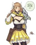  1girl armor bangs belt bow breasts brown_hair cleavage fire_emblem fire_emblem_engage gloves goldmary_(fire_emblem) hair_bow highres juicet1n large_breasts long_hair long_sleeves mole mole_(animal) mole_on_breast one_eye_closed open_mouth puffy_sleeves shoulder_armor shrug_(clothing) simple_background skirt white_background white_bow white_gloves yellow_eyes 