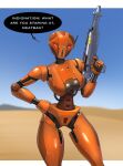 2025 breasts brown_body crossgender desert dialogue female glistening glistening_body glistening_breasts gun hand_on_hip hi_res hk-47 hk-series_assassin_droid humanoid looking_at_viewer machine mtf_crossgender ranged_weapon red_eyes robot solo spacemaxmarine star_wars star_wars:_knights_of_the_old_republic weapon