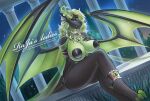  anthro big_breasts breasts cleavage clothed clothing collar dragon dress ear_piercing ear_ring female hi_res jewelry kaya_(knockedoutdragon) looking_down nipples piercing pillars rajas_ledies ring_piercing scales scalie sitting skimpy solo text url watermark wings 