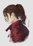  1girl blue_eyes brown_hair claire_redfield commentary corrupted_twitter_file ericson_blum from_side frown highres jewelry necklace ponytail portrait red_eyes resident_evil resident_evil_2 signature solo 