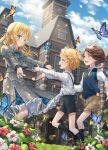  blonde_hair blue_eyes bow bowtie brown_hair bug butterfly child clock clock_tower cloud commentary cover cover_page dress fantasy flower garden grass hair_bow happy highres hirokazu_(analysis-depth) isekai_ni_kitakedo_seikatsu_mahou_shika_tsukaemasen kneehighs light_particles long_hair male_child necktie novel_cover official_art open_mouth outdoors outstretched_arms running short_hair shorts sidelocks sky socks sunlight suspender_shorts suspenders sweater_vest tower wind 