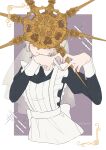  1girl alternate_costume apron blush breasts closed_mouth collared_dress covered_eyes cropped_torso crossdressing dark_souls_(series) dark_souls_i dark_sun_gwyndolin dress enmaided facing_viewer gold_headwear grey_hair heart heart_hands highres juliet_sleeves long_sleeves maid medium_breasts otoko_no_ko puffy_sleeves short_hair spiked_helmet susukeya white_apron white_background 