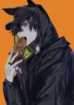  1boy adam's_apple baseball_cap black_hat black_hoodie black_jacket fang food food_in_mouth hair_over_one_eye hat highres holding holding_food hood hoodie jacket jewelry looking_at_viewer male_focus mole mole_above_eye mole_under_eye multicolored_eyes neck_tattoo open_mouth original purple_eyes red_eyes ring short_hair solo taiyakitarou tattoo two-tone_eyes zipper 