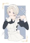  1girl alternate_costume apron blush breasts closed_mouth collared_dress cropped_torso crossdressing dark_souls_(series) dark_souls_i dark_sun_gwyndolin dress enmaided facing_viewer grey_hair heart heart_hands highres juliet_sleeves long_sleeves looking_at_viewer maid maid_headdress medium_breasts no_headwear otoko_no_ko parted_bangs puffy_sleeves purple_eyes short_hair solo susukeya white_apron white_background 