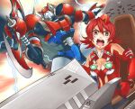  1girl axe bangs blue_eyes breasts cleavage cleavage_cutout clothing_cutout cockpit doumoto dual_wielding electricity gloves holding holding_axe leotard looking_at_viewer looking_to_the_side mecha medium_breasts open_mouth origami_akara origamion_alpha red_eyes red_gloves red_headwear red_leotard robot school_girl_strikers short_hair sitting super_robot 