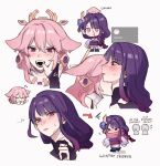  ...? 2girls animal_ears animal_on_head bite_mark bleeding blood blush bridal_gauntlets chibi closed_eyes closed_mouth finger_in_another&#039;s_mouth genshin_impact highres long_hair mole mole_under_eye multiple_girls nonons on_head open_mouth pink_hair purple_hair raiden_shogun scarf teeth yae_miko yae_miko_(fox) yuri 