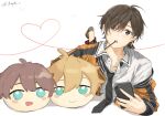  3boys aoppella aqua_eyes black_eyes blonde_hair brown_hair cellphone food heart highres hood hood_down hoodie kariyazono_michitaka looking_at_viewer multiple_boys orange_hoodie phone pocky pocky_in_mouth rua_(4dd7e3_l) shihou_luka short_hair smartphone string string_of_fate stuffed_toy suzumiya_hajime white_background 