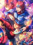  1boy :d absurdres beanie belt black_eyes blue_sweater bouquet cake flower food fork grin guido_mista hat highres holding holding_fork holding_plate jojo_no_kimyou_na_bouken looking_at_viewer male_focus midriff navel orange_pants pants plate red_flower red_rose rose sex_pistols_(stand) smile solo stand_(jojo) sweater vento_aureo watawata_nr_(siroraku) 
