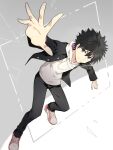  1boy black_eyes black_hair black_jacket black_pants highres hood hoodie jacket kamijou_touma light_smile pants reaching_towards_viewer red_footwear sada_(sadahalu) shoes short_hair simple_background smile sneakers solo spiked_hair toaru_majutsu_no_index white_hoodie 