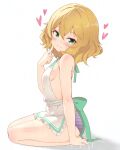  1girl apron bare_shoulders blonde_hair blush bow breasts commentary finger_to_face full_body green_bow green_eyes hair_between_eyes heart highres hitorilily idolmaster idolmaster_cinderella_girls idolmaster_cinderella_girls_u149 looking_at_viewer looking_to_the_side loving_aura mother&#039;s_day nearly_naked_apron panties purple_panties sakurai_momoka short_hair sideboob simple_background sitting sleeveless small_breasts smile solo striped_clothes striped_panties thighs tiles underwear white_background 