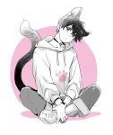  1boy animal_ears bishounen black_wristband cat_ears cat_tail closed_mouth collar commentary hand_on_own_foot highres hood hoodie korean_commentary legs_folded long_sleeves looking_at_viewer male_focus minmimm_00 original pants partially_colored paw_print shoes short_hair simple_background sneakers solo tail white_background 