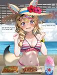  +_+ 1girl animal_ear_fluff animal_ears bare_shoulders beach bikini black_hair blonde_hair blush braid breasts commentary_request drooling ears_through_headwear english_text facial_mark fingernails flower food fox_ears fox_girl fox_tail frilled_bikini frills furrowed_brow hair_ornament hands_up hat hat_flower highres hololive hungry ikayaki kooribata large_breasts long_hair looking_at_food maro2ki3 multicolored_hair nail_polish navel ocean omaru_polka open_mouth outdoors pink_bikini pink_hair pink_nails purple_eyes red_flower shaved_ice shore single_braid solo straw_hat streaked_hair striped_bikini striped_clothes swimsuit tail upper_body virtual_youtuber watch water wristwatch x_hair_ornament yakisoba 