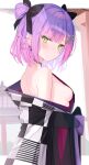  1girl bare_shoulders black_ribbon breasts choker double_bun furrowed_brow gradient_hair green_eyes hair_bun hair_ribbon highres hololive japanese_clothes kimono lace lace_choker looking_at_viewer multicolored_hair pink_hair purple_hair ribbon sakura_yunuto short_hair sideboob solo streaked_hair tokoyami_towa upper_body virtual_youtuber 