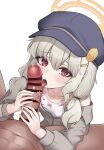  1boy 1girl absurdres aoba_(blue_archive) bar_censor blue_archive blue_hat blush bow_camisole breasts cabbie_hat camisole censored clothed_female_nude_male collarbone commentary_request fellatio grey_hair grey_jacket halo hat hetero highres icetea_art jacket licking licking_penis looking_at_viewer nude oral paid_reward_available penis pov pov_crotch precum red_eyes saliva simple_background small_breasts tongue tongue_out twintails veins veiny_penis white_background white_camisole 