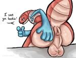  anthro anus balls butt dialogue generation_9_pokemon genitals gesture hi_res looking_at_viewer looking_back male nintendo orthworm pointing pokemon pokemon_(species) presenting presenting_hindquarters raised_tail solo syndhart tail worm 