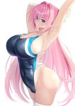  1girl arched_back armpits ass black_one-piece_swimsuit blue_eyes blue_one-piece_swimsuit breasts cleavage collarbone competition_swimsuit covered_navel crossed_bangs grin hair_between_eyes highleg highres large_breasts long_hair looking_at_viewer multicolored_swimsuit noe_(noe_emk) one-piece_swimsuit original pink_hair presenting_armpit racerback sidelocks simple_background smile solo standing stretching swimsuit thighhighs thighs very_long_hair white_background white_one-piece_swimsuit white_thighhighs 