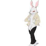 absurd_res balls bottomwear bottomwear_down buckteeth capcom clothed clothing devil_may_cry foreskin genitals hi_res lagomorph leporid mammal open_clothing open_shirt open_topwear pants pants_down partially_clothed penis rabbit shirt smile tapering_penis teeth topwear twerpishimp undressing white_rabbit_(dmc)