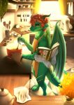  2020 ambiguous_gender anthro azuza black_horn black_sclera blue_body book closed_smile cooking dated disembodied_hand dragon ear_frill frill_(anatomy) green_frill group hair hi_res holding_book holding_object horn inside kitchen knife male membrane_(anatomy) membranous_wings messy_hair mouth_closed orange_eyes orange_hair short_hair side_view solo_focus standing window wing_claws wings 