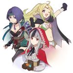  3girls alternate_costume animal_ears arm_guards armor bangs belt blue_hair bodice bow breasts cape choker circlet cleavage fire_emblem fire_emblem:_three_houses fire_emblem_awakening fire_emblem_fates forehead_protector gloves green_hair hand_up holding hood hood_up japanese_clothes kitano_ririo long_hair long_sleeves looking_at_viewer midriff multicolored_hair multiple_girls navel ninja nowi_(fire_emblem) obi official_alternate_costume one_eye_closed pointy_ears purple_eyes red_eyes sash shamir_nevrand shamir_nevrand_(ninja) simple_background small_breasts two-tone_hair underbust velouria_(fire_emblem) white_background wolf_ears 