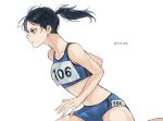  1girl black_hair blue_eyes haikyuu!! matchi_(ginger.8) midriff ponytail running shimizu_kiyoko simple_background solo sportswear sweat white_background 