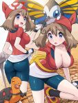  1girl absurdres ass bandana beautifly bike_shorts bike_shorts_under_shorts blue_eyes blush breasts brown_hair cleavage fanny_pack gloves hairband highres large_breasts looking_at_viewer may_(pokemon) open_mouth pokemoa pokemon pokemon_(creature) pokemon_rse red_bandana red_hairband red_shirt shirt short_hair shorts shorts_under_shorts smile solo sweat sweatdrop torkoal 