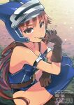  1girl armlet armor belt black_panties blue_armor blue_helmet blue_thighhighs breasts brown_belt brown_eyes brown_gloves brown_hair brown_shoes commentary_request daisy_(dq) dragon_quest dragon_quest_yuusha_abel_densetsu fake_horns from_above gloves helmet highres horned_helmet horns index_finger_raised jewelry kuzuno_ha long_hair looking_at_viewer looking_to_the_side medium_breasts panties shoes sideboob silver_armlet silver_trim smile solo squatting thighhighs underwear 