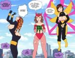  3girls absurdres avengers_(series) black_widow breasts cityscape green_panties highres janet_van_dyne marvel mind_control mrbragas multiple_girls natasha_romanoff non-web_source orange_panties panties print_panties purple_panties scarlet_witch underwear wanda_maximoff wasp_(marvel) wedgie 