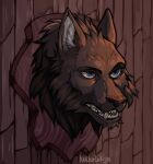 anthro award black_body black_fur black_nose blue_eyes fur hi_res kolkolukija male open_mouth portrait solo taxidermy taxidermy_mount text trophy trophy_head wall_(structure) wood wood_wall