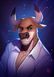 2_horns abstract_background anthro artist_logo athletic athletic_anthro athletic_male backlighting bovid bovine brown_body brown_eyes bust_portrait cattle clothed clothing collared_shirt curved_horn dark_nose digital_media_(artwork) digital_painting_(artwork) dimtarius dress_shirt eyebrows hi_res horn icon light lighting logo looking_at_viewer male mammal multicolored_body open_clothing open_mouth open_shirt open_topwear painting_(artwork) pecs portrait pose shaded shadow shirt soft_shading solo sta three-quarter_view topwear two_tone_body white_clothing white_shirt white_topwear