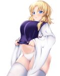  1girl absurdres alternate_breast_size bangs blonde_hair blue_eyes blush breasts commentary_request cowboy_shot hair_ribbon highres large_breasts long_sleeves looking_at_viewer medium_hair moriya_suwako musi_tino navel no_headwear no_pants open_mouth panties parted_bangs purple_vest red_ribbon ribbon see-through see-through_legwear shirt simple_background sleeves_past_wrists solo thick_thighs thighhighs thighs touhou underwear undressing vest white_background white_panties white_shirt white_thighhighs wide_sleeves 
