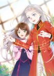  2girls :d bass_clef beamed_eighth_notes black_choker blurry blurry_background brown_hair choker coat dress fine_(vampire_in_the_garden) fuyuto_(alnilam00) gold_trim green_eyes grey_eyes grey_hair hands_up highres indoors long_hair long_sleeves momo_(vampire_in_the_garden) multiple_girls music musical_note pants red_coat red_nails smile standing treble_clef vampire_in_the_garden 