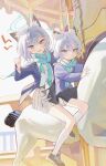  2girls :t absurdres animal_ear_fluff animal_ears black_shoes black_skirt blue_archive blue_eyes blue_halo blue_jacket blue_necktie blue_scarf carousel clenched_hand grey_hair halo heart heart_in_eye highres jacket may.l miniskirt multiple_girls necktie scarf school_uniform shiroko_(blue_archive) shirt shoes short_hair skirt socks symbol_in_eye white_shirt white_socks 