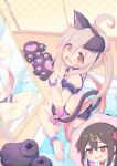  2girls @_@ absurdres animal_ears animal_hands barefoot blush bra breasts brown_eyes cat_ears cat_lingerie cat_paws cat_tail embarrassed fake_animal_ears fake_tail frilled_bra frilled_panties frills gloves highres indoors long_hair looking_at_viewer meme_attire mirror multiple_girls on_floor onii-chan_wa_oshimai! open_mouth oyama_mahiro oyama_mihari panties paw_gloves petite pink_hair purple_bra purple_panties sitting small_breasts solo_focus tail twintails underwear very_long_hair wuhuo yokozuwari 
