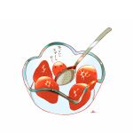  animal bird bowl chai_(drawingchisanne) chick food food_focus fruit looking_at_viewer no_humans original signature simple_background spoon strawberry sweets_bird translation_request white_background 