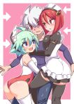  1boy 2girls acura_(gunvolt) arrow_(symbol) ass azure_striker_gunvolt bangs black_headwear black_thighhighs blue_eyes blue_shirt blush bob_cut breast_press breasts cougar_(cougar1404) dress frown girl_sandwich green_hair headgear hug juliet_sleeves leaning_forward leotard long_sleeves maid_headdress medium_breasts motion_lines multiple_girls nowa_(gunvolt) open_mouth pink_background puffy_sleeves red_eyes red_hair red_leotard ribbed_shirt roro_(gunvolt) sandwiched shirt short_dress short_hair smile sweatdrop thighhighs white_dress white_hair white_leotard white_thighhighs 