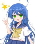  1girl ahoge akira_(aki_raoo) blue_hair bow bowtie commentary_request green_eyes highres izumi_konata long_hair looking_at_viewer lucky_star middle_w midriff mole mole_under_eye navel open_mouth school_uniform serafuku short_sleeves smile star_(symbol) very_long_hair w 