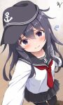  1girl absurdres akatsuki_(kancolle) anchor_symbol black_hair black_hat black_pantyhose black_skirt breasts flat_cap from_above hair_between_eyes hat highres kantai_collection long_sleeves looking_at_viewer miniskirt neckerchief pantyhose pleated_skirt purple_eyes red_neckerchief school_uniform serafuku skirt small_breasts solo standing takuma_(takumo7121) 