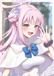  1girl absurdres blue_archive blue_bow blue_bowtie blurry blurry_background border bow bowtie breasts buttons capelet commentary_request dot_nose double-breasted dress feathered_wings hair_bun hair_ornament hair_scrunchie halo highres looking_at_viewer mika_(blue_archive) miyuki_kotori open_mouth outside_border pink_hair pink_halo scrunchie single_side_bun solo white_border white_capelet white_dress white_wings wings wrist_scrunchie yellow_eyes 