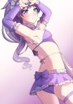  1girl armpits arms_up ass bikini blush bow bra closed_mouth cowboy_shot detached_sleeves frills gradient_background highres long_hair long_sleeves looking_at_viewer maid maid_bikini ongeki panties purple_bikini purple_bow purple_bra purple_eyes purple_hair purple_panties purple_skirt purple_sleeves skirt solo swimsuit takase_(mxgr8742) takase_rio twintails unconventional_maid underwear 