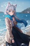  1girl 1yu_x absurdres beach black_skirt blue_archive coat commentary halo highres island ocean open_clothes open_coat shiroko_(blue_archive) skirt snow winter 