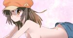  1girl bangs bare_back blue_pants blush breasts brown_eyes brown_hair butt_crack cabbie_hat closed_mouth denim dimples_of_venus hair_between_eyes hat jeans kikumaru_bunta looking_at_viewer looking_to_the_side lying medium_hair monogatari_(series) on_stomach orange_headwear out-of-frame_censoring outstretched_arms pants pink_background sengoku_nadeko small_breasts smile solo topless 