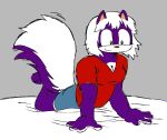 anthro bed belly blue_bottomwear blue_clothing blue_shorts bottomwear breasts cleavage clothed clothing digital_media_(artwork) female fur furniture grey_background hair heterochromia hi_res lying mammal medium_breasts medium_hair melissa_mouffette mephitid mike_and_melissa on_front purple_body purple_fur puzzler00m red_clothing red_shirt red_topwear shirt shorts simple_background skunk solo topwear white_belly white_hair white_sclera