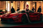  1girl 4others absurdres black_dress blurry blurry_background breasts building car city cleavage commission dress ferrari ferrari_f8_tributo highres large_breasts legs motor_vehicle multiple_others night nougat_(73r1r1) on_vehicle original outdoors red_eyes red_hair round_eyewear sidelocks sports_car vehicle_focus 