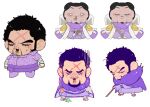  1boy black_hair blind chibi chibi_only coat collage facial_hair highres issho_(fujitora) kemonomimi_mode long_sideburns male_focus mature_male melting_ice_cream multiple_expressions mustache_stubble octo33 one_piece scar scar_across_eye scar_on_face scar_on_forehead short_hair sideburns simple_background sneezing stubble turn_pale white_background wrinkled_skin 