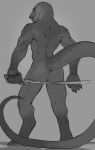  absurd_res anthro back_muscles butt dinosaur dromaeosaurid hi_res holding_object holding_sword holding_weapon long_tail male melee_weapon muscular muscular_anthro muscular_male nude raptoral rear_view reptile scalie smile solo standing sword tail theropod velociraptor weapon 